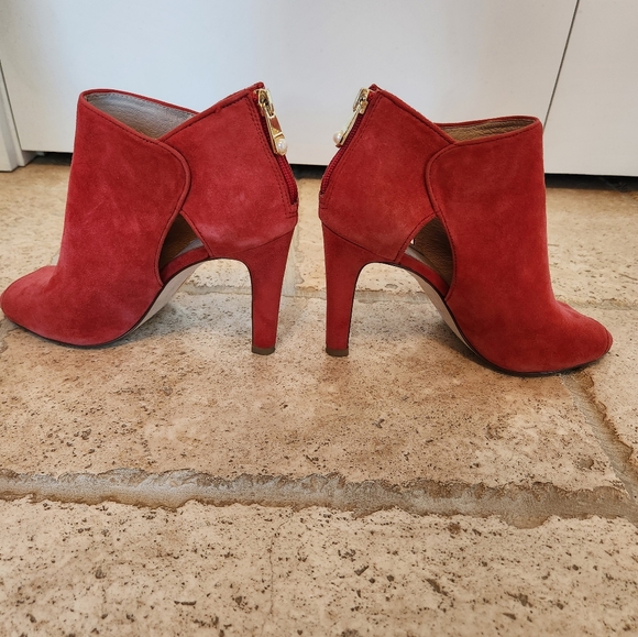 Louis Et Cie Red Leather Suede Open Toe Booties Boots Shoes Heels Pearl Gold 8.5 - Picture 5 of 7